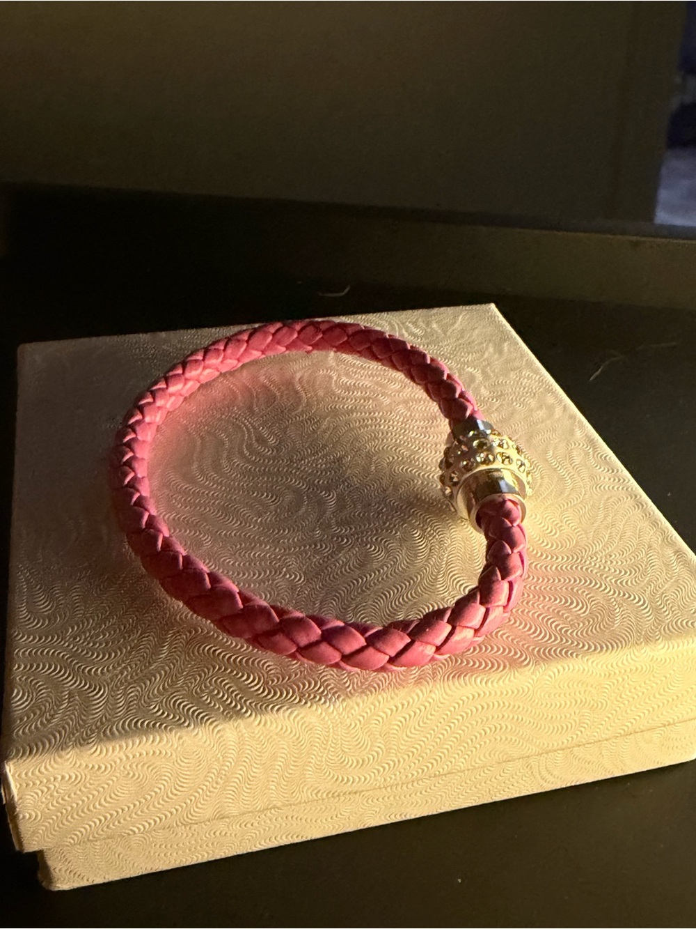 Pink Braided Leather Bracelet with Gold Accent